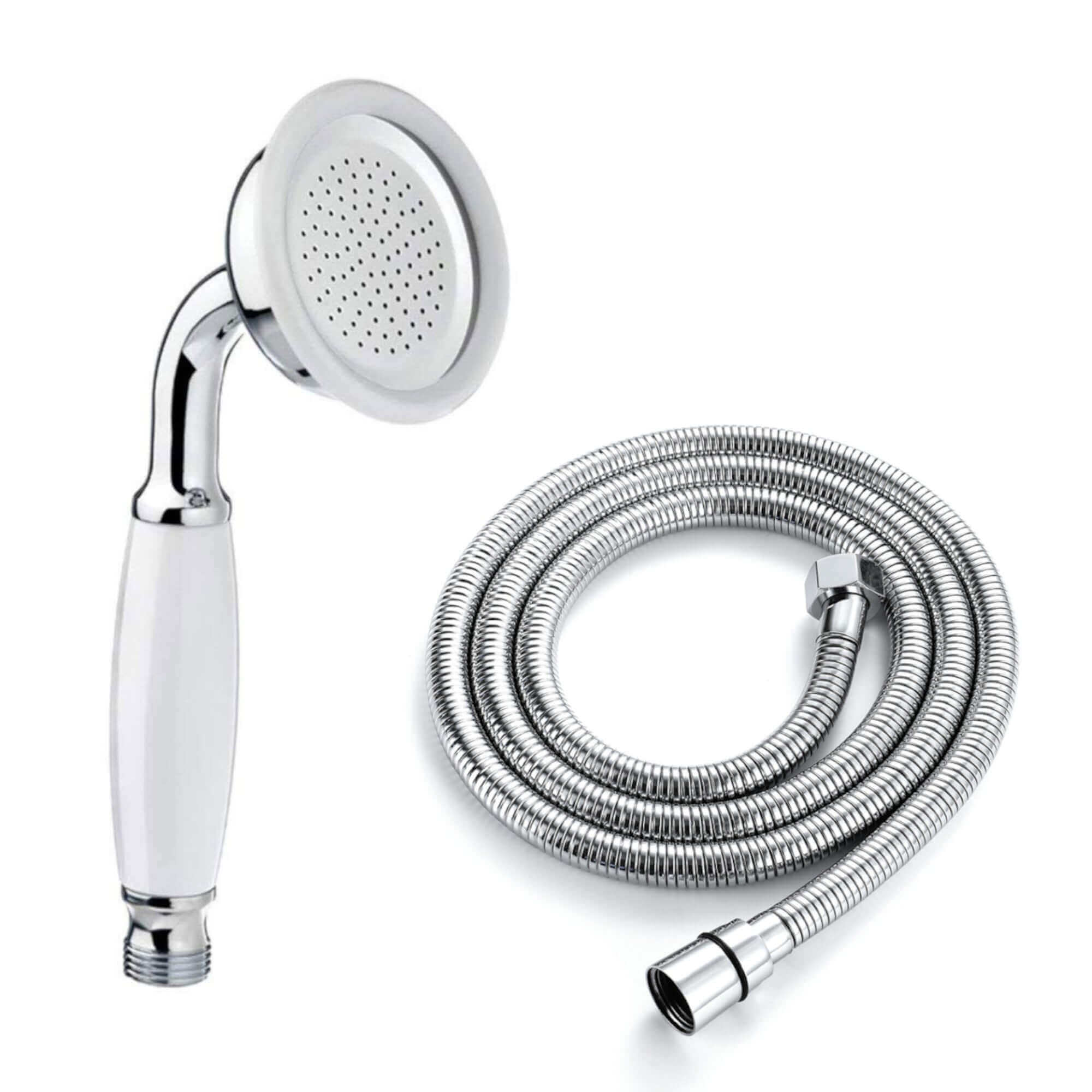Buy Traditional Handheld Shower Head and Hose Kit Brass with White Ceramic Details - Chrome Online UK | HOUSE OF ENKI